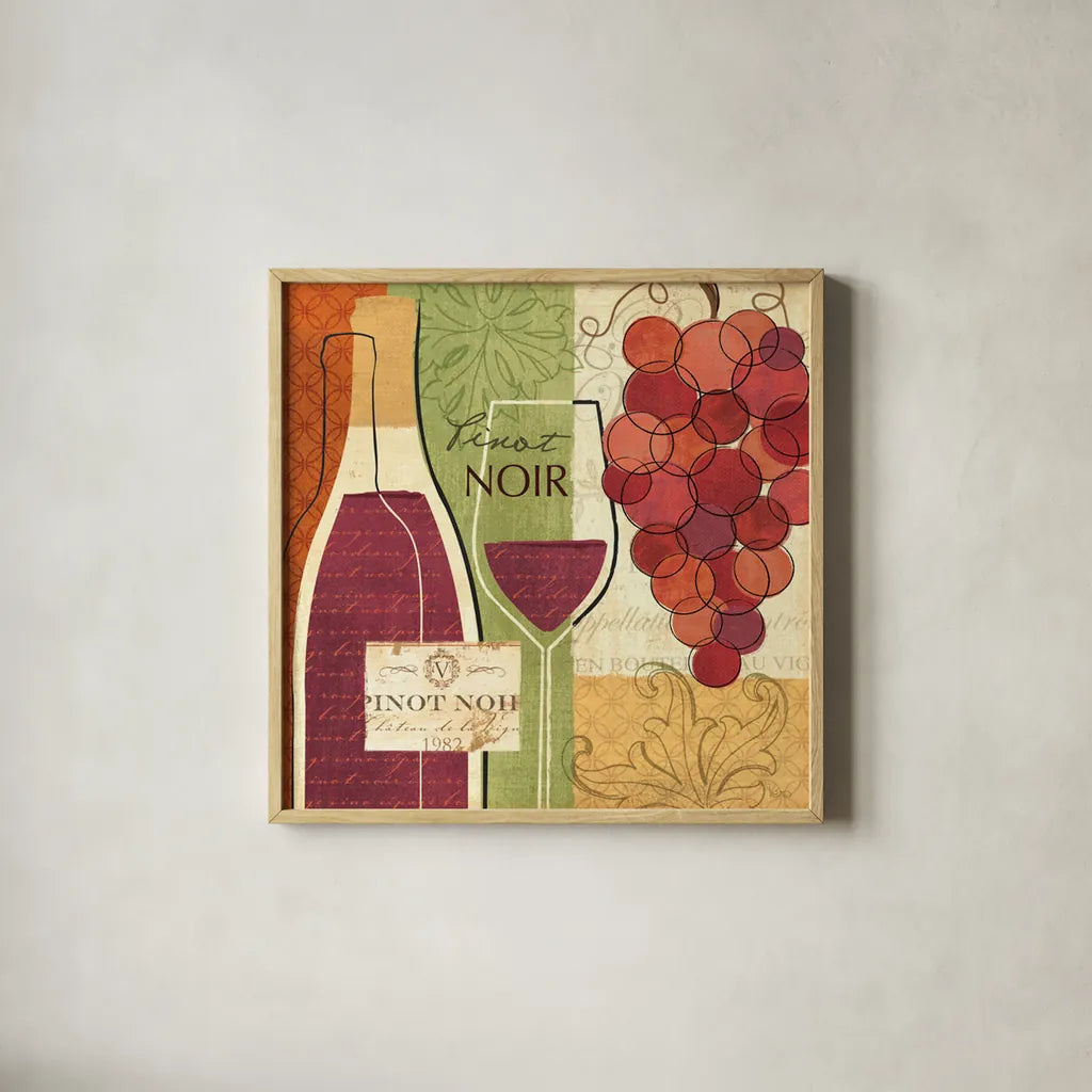 Wine and Grapes I by Veronique Charron. Shown in a natural wood glass frame for a timeless modern aesthetic. Available as an archival giclee rolled canvas, fine art paper, or poster print. SKU 6010a.