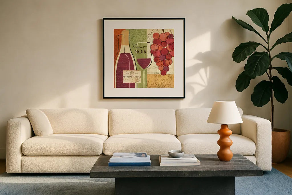 Wine and Grapes I by Veronique Charron. Displayed in a glass frame with matte in a clean modern living room. Available as an archival giclee rolled canvas, fine art paper, or poster print. SKU 6010a.
