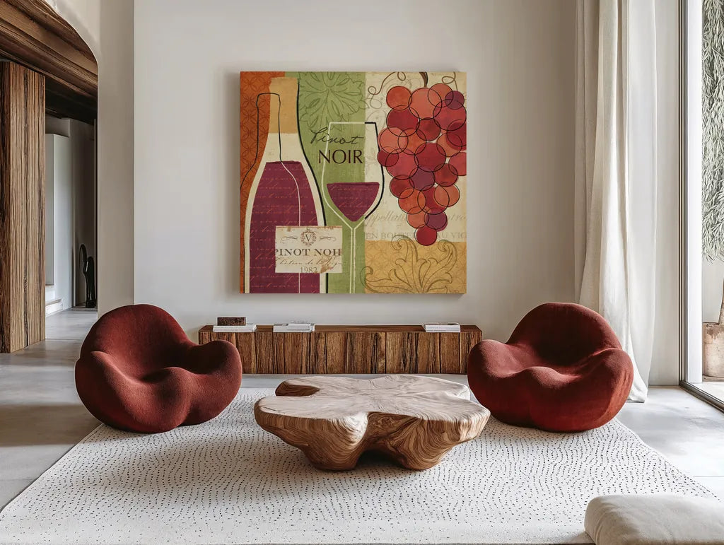 Wine and Grapes I by Veronique Charron. Shown as extra-large giant wall art in a modern living room. Available as an archival giclee rolled canvas, fine art paper, or poster print. SKU 6010a.