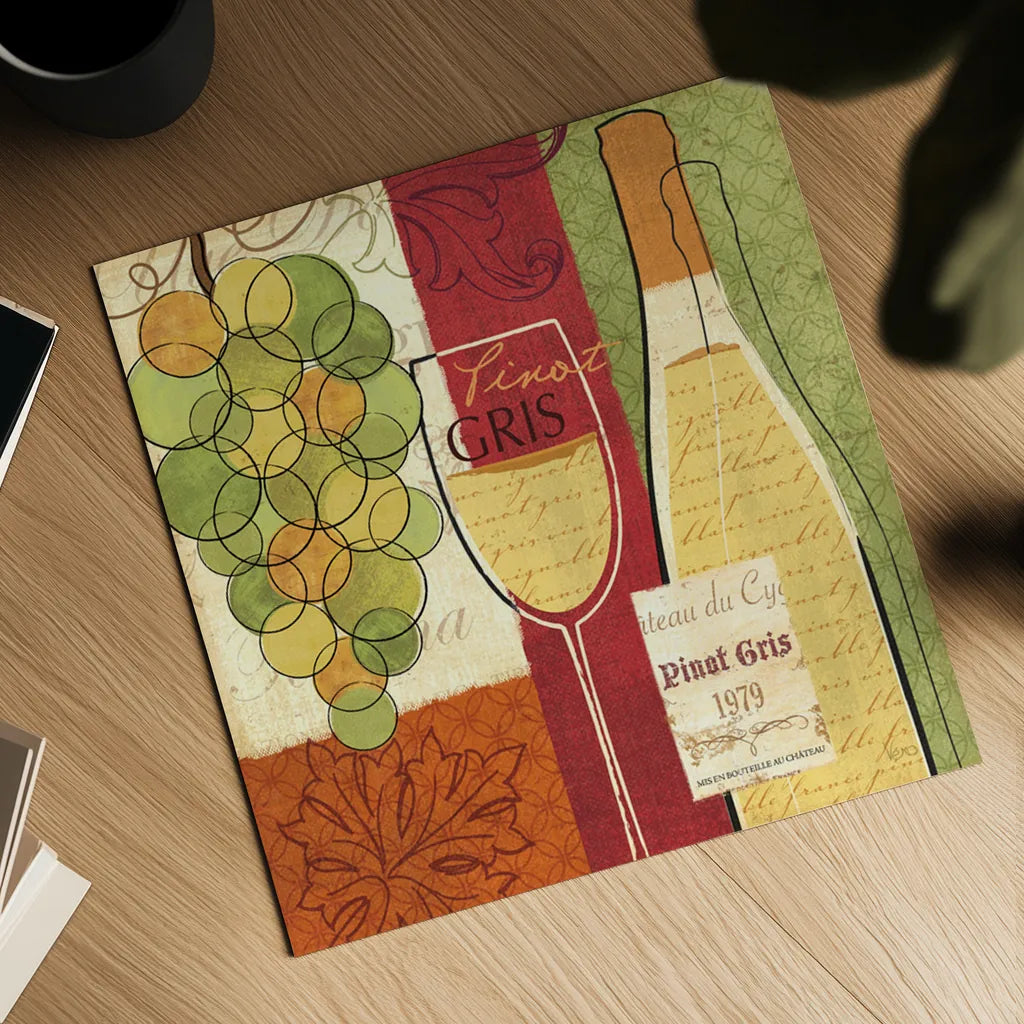 Wine and Grapes II by Veronique Charron. Shown as a detailed flat fine art print, highlighting archival giclee quality. Available as an archival giclee rolled canvas, fine art paper, or poster print. SKU 6011a.