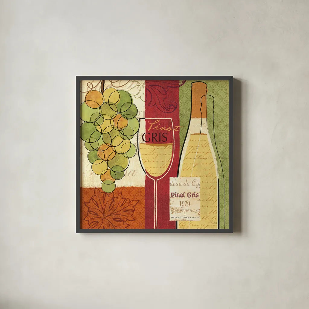 Wine and Grapes II by Veronique Charron. Shown in a sleek black glass frame for a contemporary gallery look. Available as an archival giclee rolled canvas, fine art paper, or poster print. SKU 6011a.