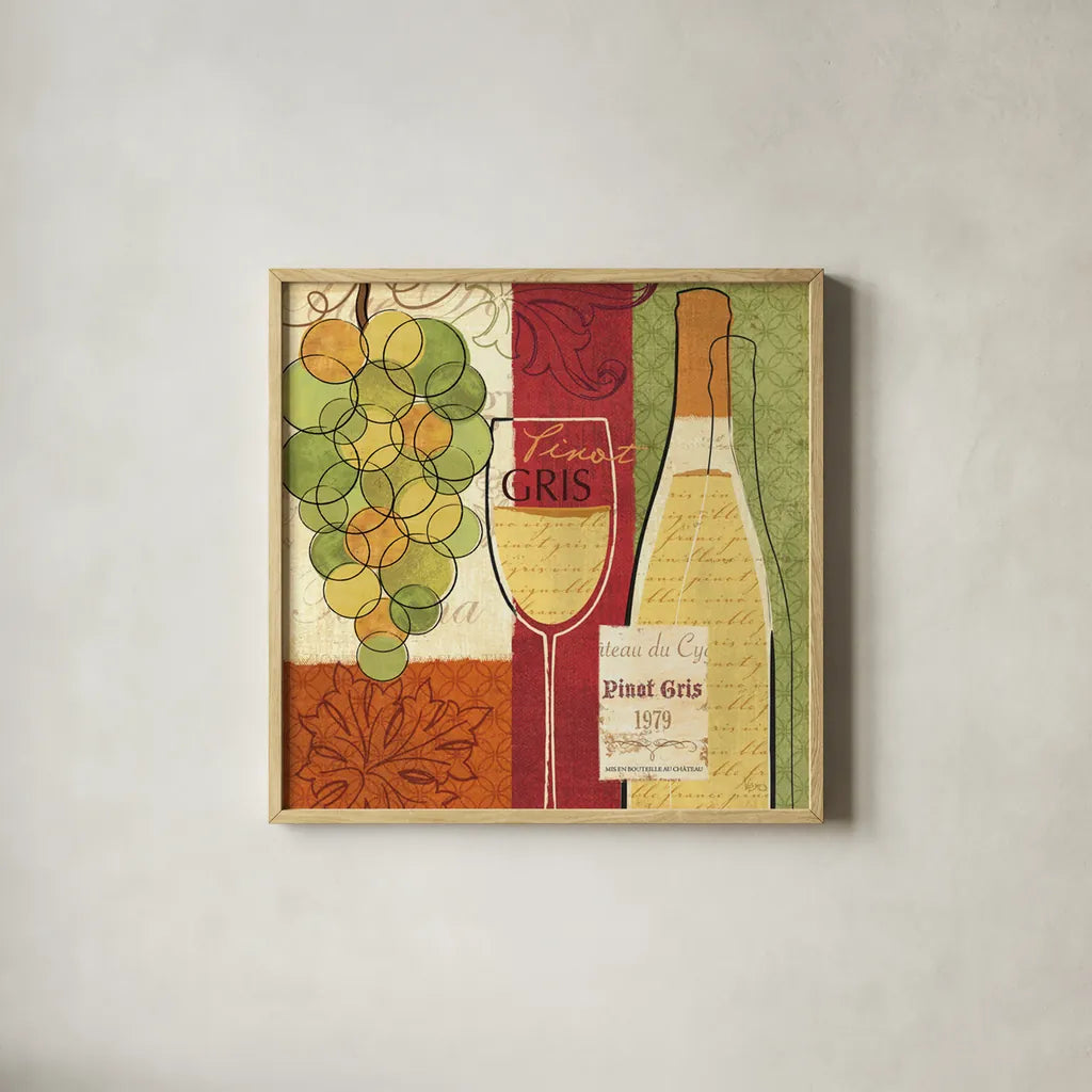 Wine and Grapes II by Veronique Charron. Shown in a natural wood glass frame for a timeless modern aesthetic. Available as an archival giclee rolled canvas, fine art paper, or poster print. SKU 6011a.
