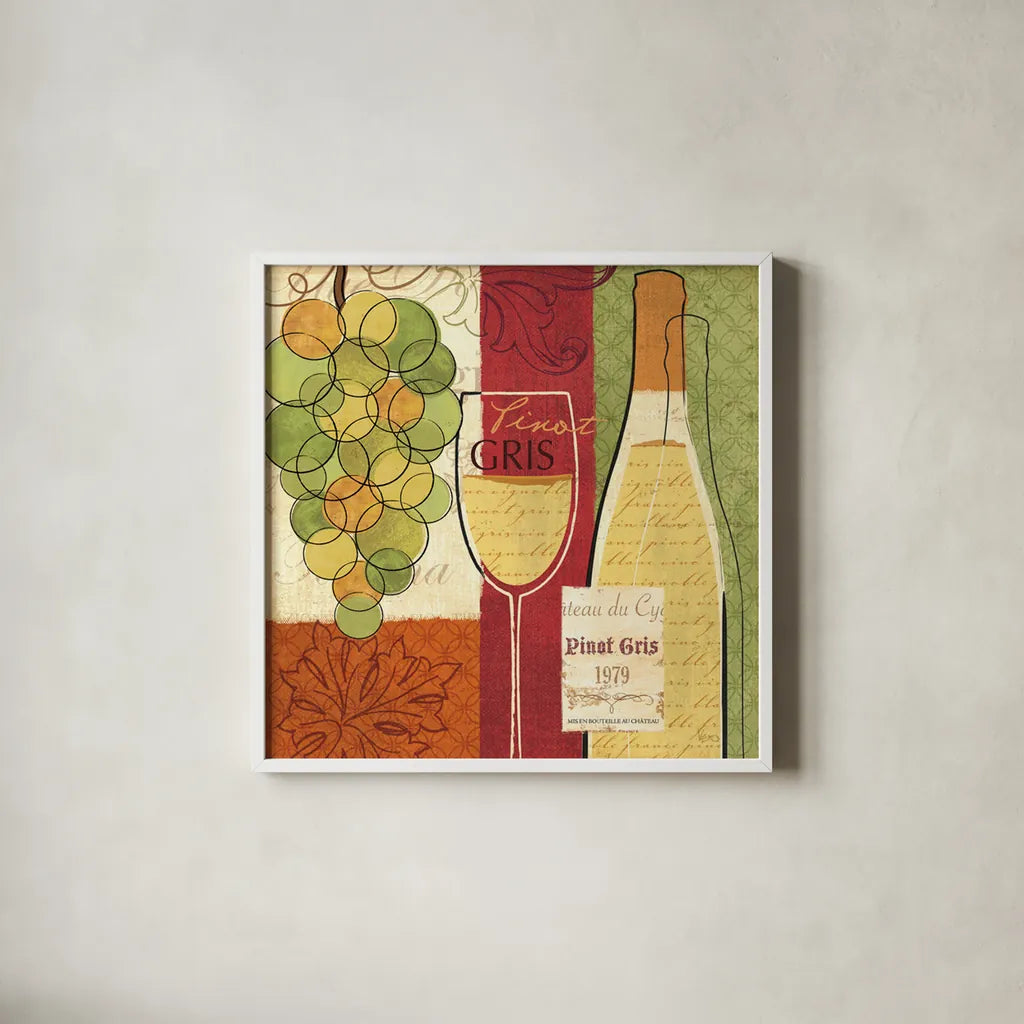 Wine and Grapes II by Veronique Charron. Shown in a crisp white glass frame for a clean and minimalist style. Available as an archival giclee rolled canvas, fine art paper, or poster print. SKU 6011a.