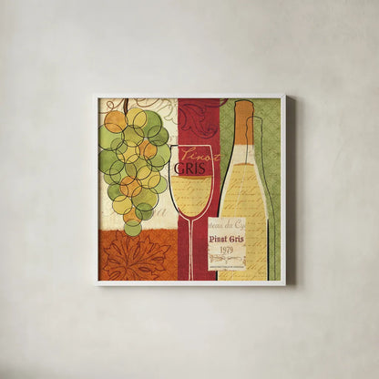 Wine and Grapes II by Veronique Charron. Shown in a crisp white glass frame for a clean and minimalist style. Available as an archival giclee rolled canvas, fine art paper, or poster print. SKU 6011a.