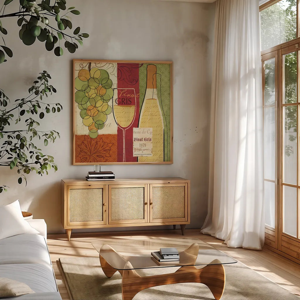 Wine and Grapes II by Veronique Charron. Shown in a natural wood frame in a cozy modern living room. Available as an archival giclee rolled canvas, fine art paper, or poster print. SKU 6011a.
