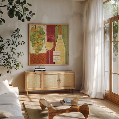 Wine and Grapes II by Veronique Charron. Shown in a natural wood frame in a cozy modern living room. Available as an archival giclee rolled canvas, fine art paper, or poster print. SKU 6011a.