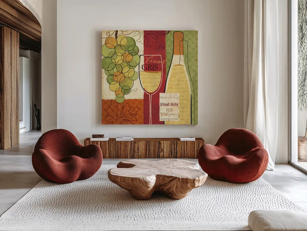 Wine and Grapes II by Veronique Charron. Shown as extra-large giant wall art in a modern living room. Available as an archival giclee rolled canvas, fine art paper, or poster print. SKU 6011a.