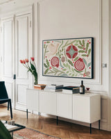 Winter Days I by Veronique Charron. shown as a framed stretched canvas in a living room above a console. Available as a archival giclee rolled canvas, fine art paper, or poster print. SKU 90549i.