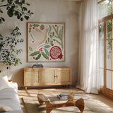 Winter Days II by Veronique Charron. Shown in a natural wood frame in a cozy modern living room. Available as an archival giclee rolled canvas, fine art paper, or poster print. SKU 90550a.