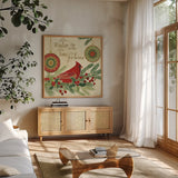 Winter Feathers V by Veronique Charron. Shown in a natural wood frame in a cozy modern living room. Available as an archival giclee rolled canvas, fine art paper, or poster print. SKU 26074a.