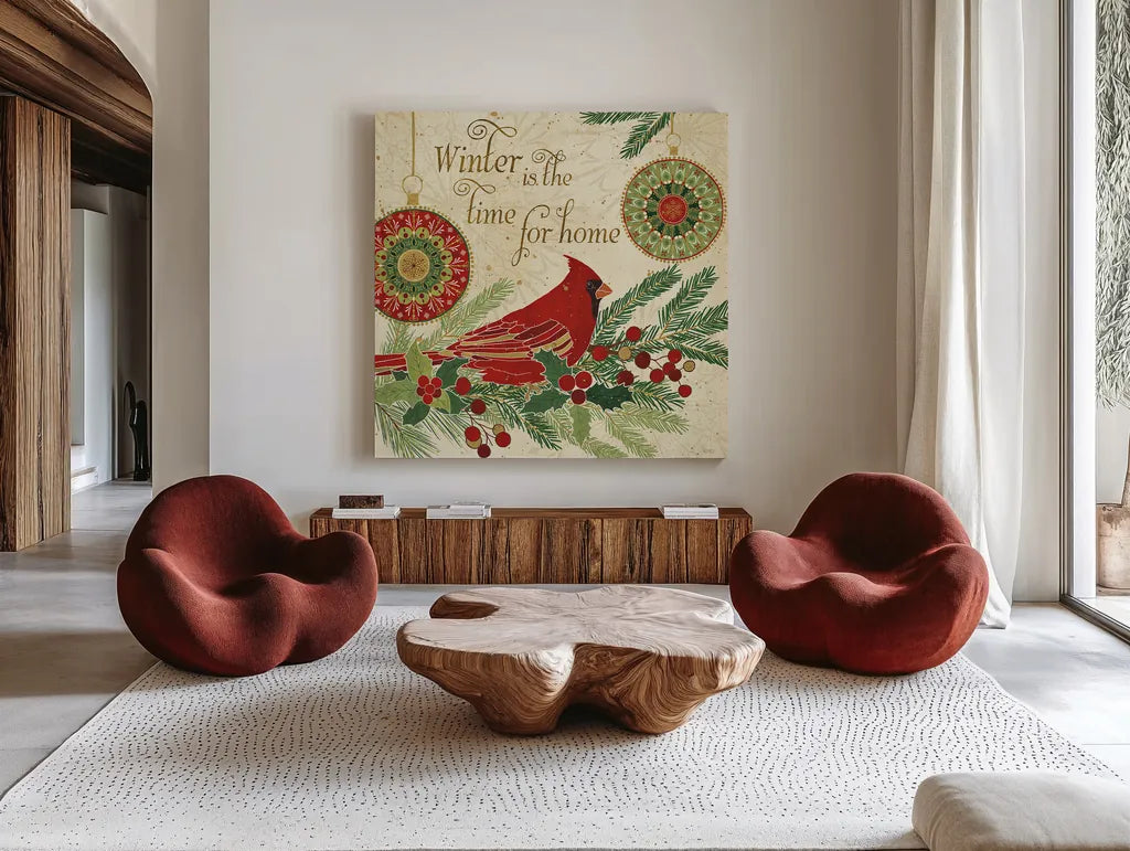 Winter Feathers V by Veronique Charron. Shown as extra-large giant wall art in a modern living room. Available as an archival giclee rolled canvas, fine art paper, or poster print. SKU 26074a.