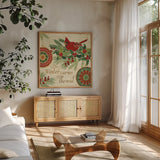Winter Feathers VI by Veronique Charron. Shown in a natural wood frame in a cozy modern living room. Available as an archival giclee rolled canvas, fine art paper, or poster print. SKU 26075a.