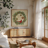 Winter Feathers VII by Veronique Charron. Shown in a natural wood frame in a cozy modern living room. Available as an archival giclee rolled canvas, fine art paper, or poster print. SKU 26076a.