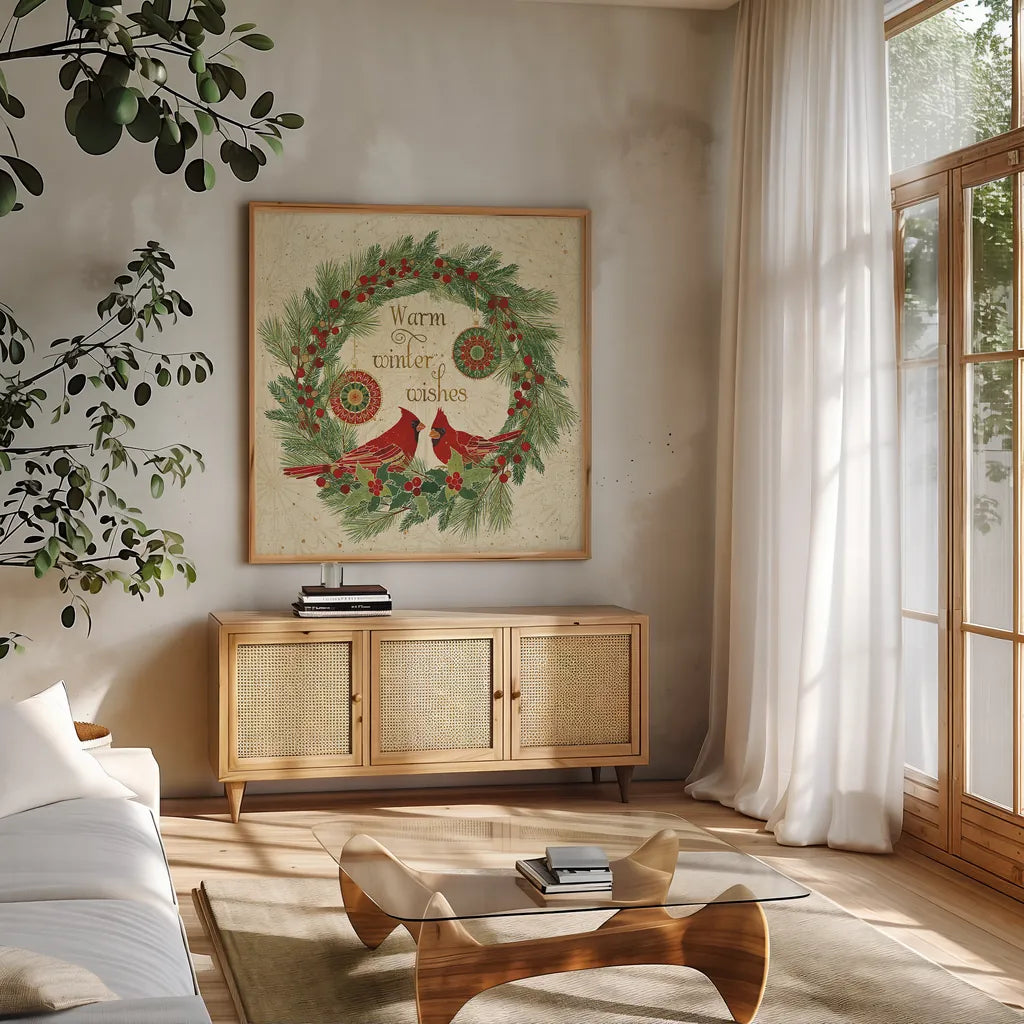 Winter Feathers VIII by Veronique Charron. Shown in a natural wood frame in a cozy modern living room. Available as an archival giclee rolled canvas, fine art paper, or poster print. SKU 26077a.