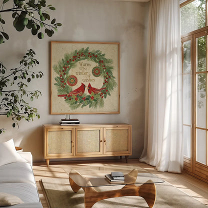 Winter Feathers VIII by Veronique Charron. Shown in a natural wood frame in a cozy modern living room. Available as an archival giclee rolled canvas, fine art paper, or poster print. SKU 26077a.