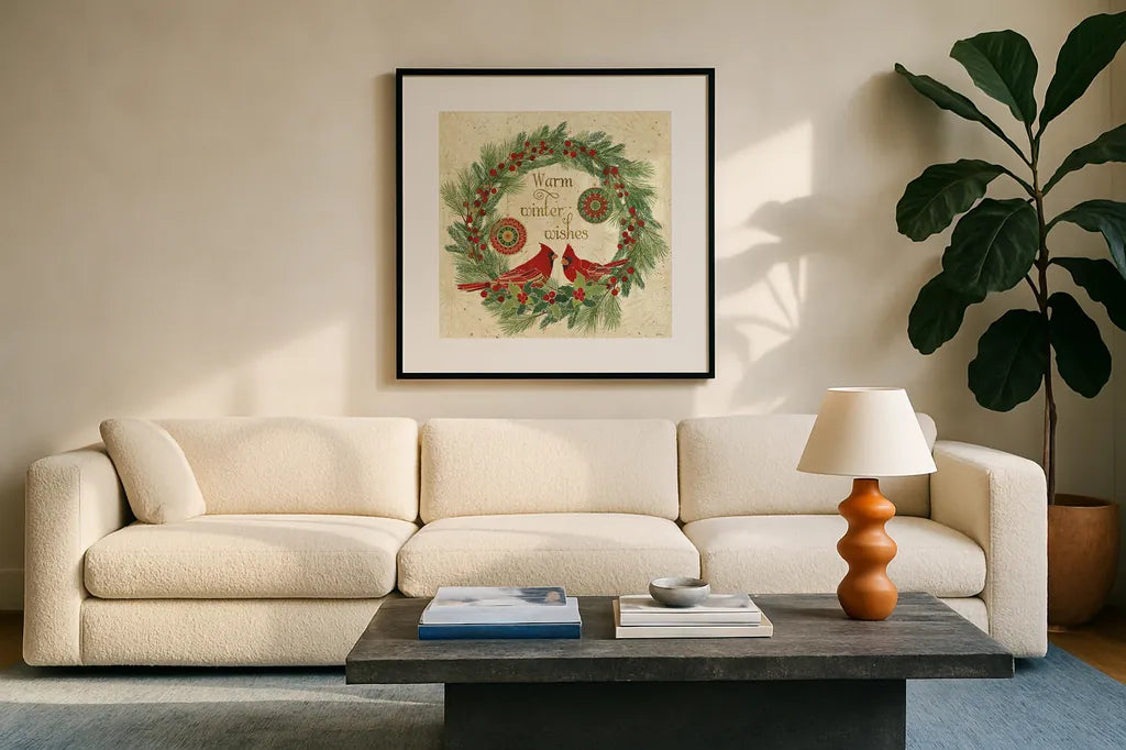 Winter Feathers VIII by Veronique Charron. Displayed in a glass frame with matte in a clean modern living room. Available as an archival giclee rolled canvas, fine art paper, or poster print. SKU 26077a.