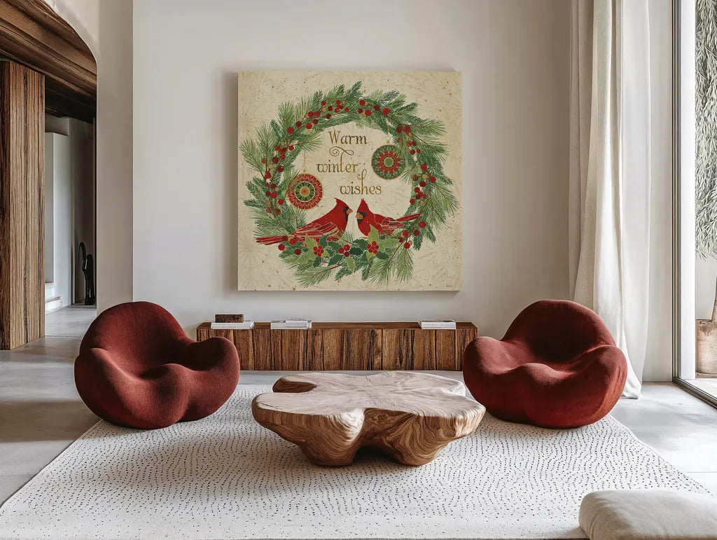 Winter Feathers VIII by Veronique Charron. Shown as extra-large giant wall art in a modern living room. Available as an archival giclee rolled canvas, fine art paper, or poster print. SKU 26077a.