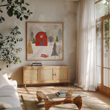 Winter Splendor II by Veronique Charron. Shown in a natural wood frame in a cozy modern living room. Available as an archival giclee rolled canvas, fine art paper, or poster print. SKU 76792a.