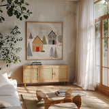 Winter Splendor III by Veronique Charron. Shown in a natural wood frame in a cozy modern living room. Available as an archival giclee rolled canvas, fine art paper, or poster print. SKU 76793a.
