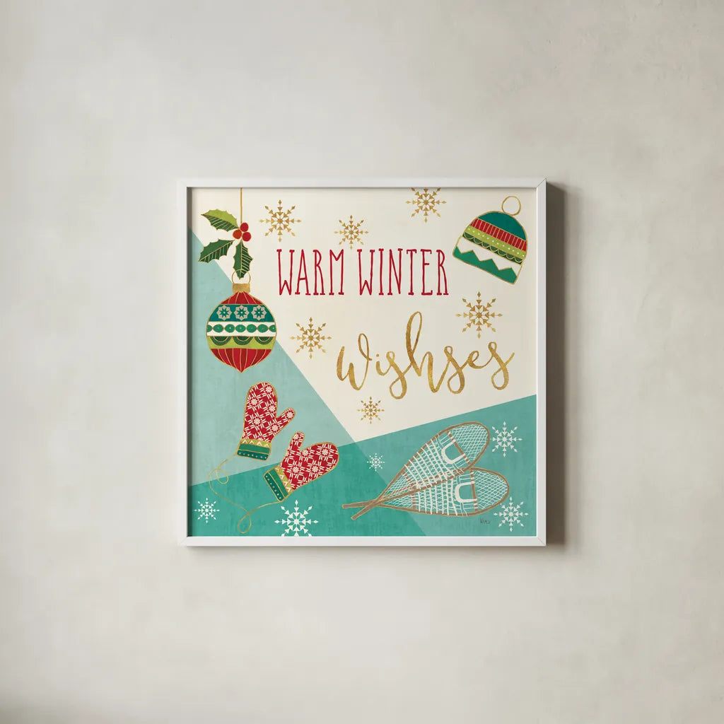 Winter Wishes I by Veronique Charron. Shown in a crisp white glass frame for a clean and minimalist style. Available as an archival giclee rolled canvas, fine art paper, or poster print. SKU 36920a.