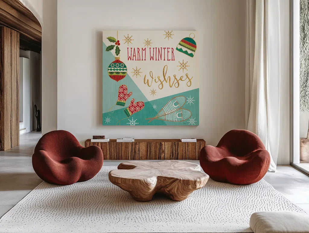 Winter Wishes I by Veronique Charron. Shown as extra-large giant wall art in a modern living room. Available as an archival giclee rolled canvas, fine art paper, or poster print. SKU 36920a.