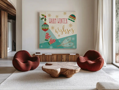 Winter Wishes I by Veronique Charron. Shown as extra-large giant wall art in a modern living room. Available as an archival giclee rolled canvas, fine art paper, or poster print. SKU 36920a.