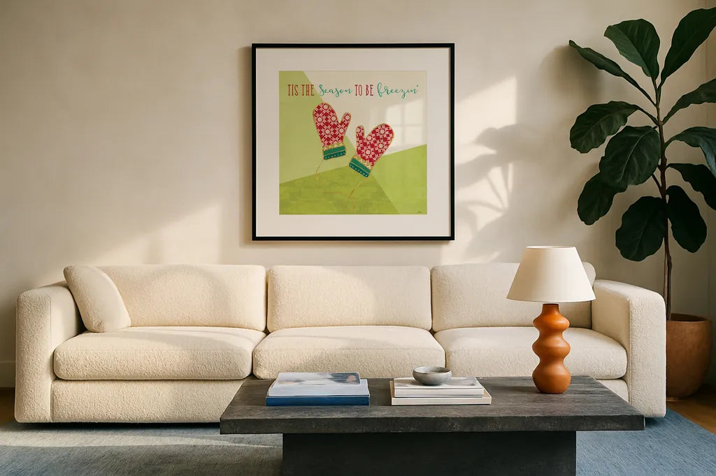 Winter Wishes IX by Veronique Charron. Displayed in a glass frame with matte in a clean modern living room. Available as an archival giclee rolled canvas, fine art paper, or poster print. SKU 37360a.