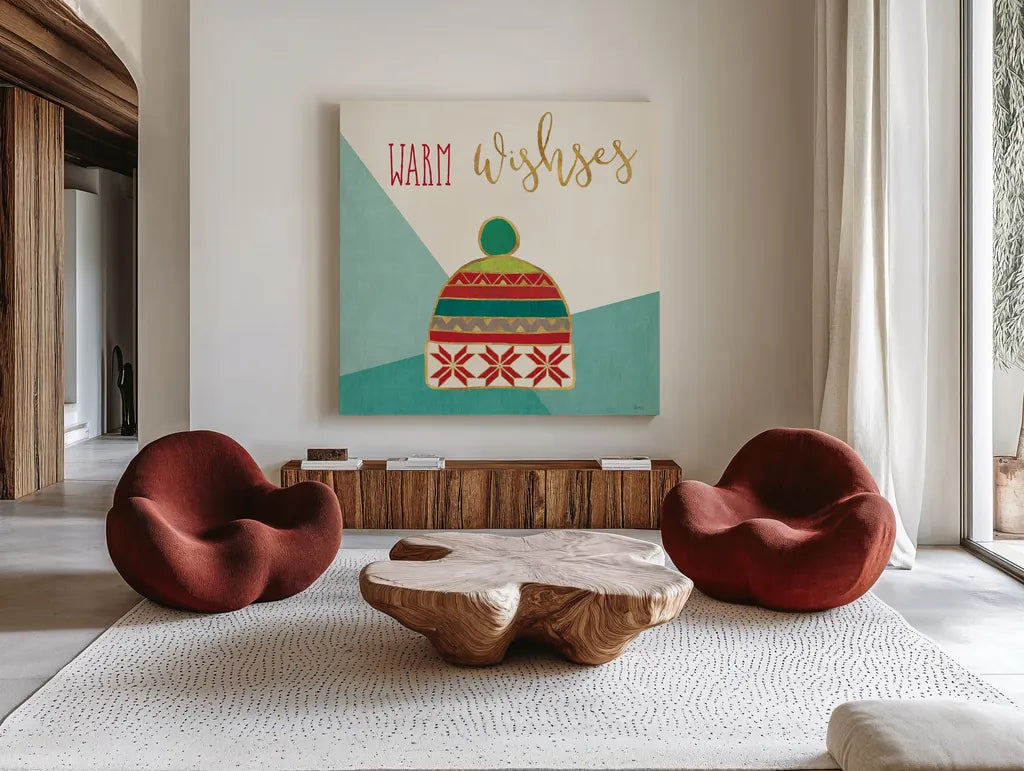 Winter Wishes VIII by Veronique Charron. Shown as extra-large giant wall art in a modern living room. Available as an archival giclee rolled canvas, fine art paper, or poster print. SKU 37359a.