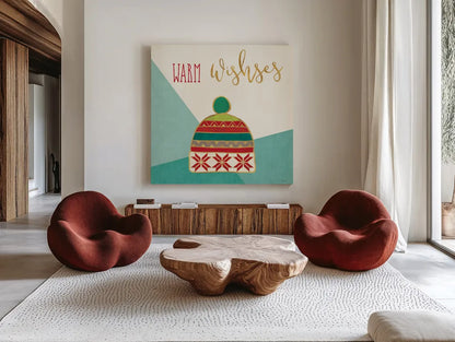 Winter Wishes VIII by Veronique Charron. Shown as extra-large giant wall art in a modern living room. Available as an archival giclee rolled canvas, fine art paper, or poster print. SKU 37359a.