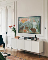 Woodland Forest I by Veronique Charron. shown as a framed stretched canvas in a living room above a console. Available as a archival giclee rolled canvas, fine art paper, or poster print. SKU 58758i.