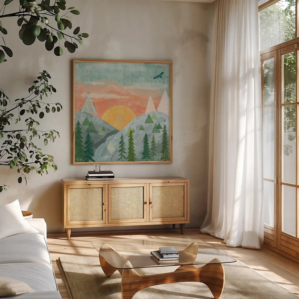 Woodland Forest VI No Words by Veronique Charron. Shown in a natural wood frame in a cozy modern living room. Available as an archival giclee rolled canvas, fine art paper, or poster print. SKU 68754a.