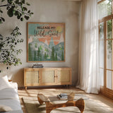 Woodland Forest VII by Veronique Charron. Shown in a natural wood frame in a cozy modern living room. Available as an archival giclee rolled canvas, fine art paper, or poster print. SKU 58764a.