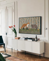 Woodland Joy I by Veronique Charron. shown as a framed stretched canvas in a living room above a console. Available as a archival giclee rolled canvas, fine art paper, or poster print. SKU 76958i.