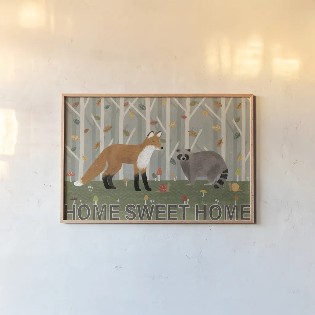 Woodland Joy I by Veronique Charron. shown as a paper print in a natural frame. Available as a archival giclee rolled canvas, fine art paper, or poster print. SKU 76958i.