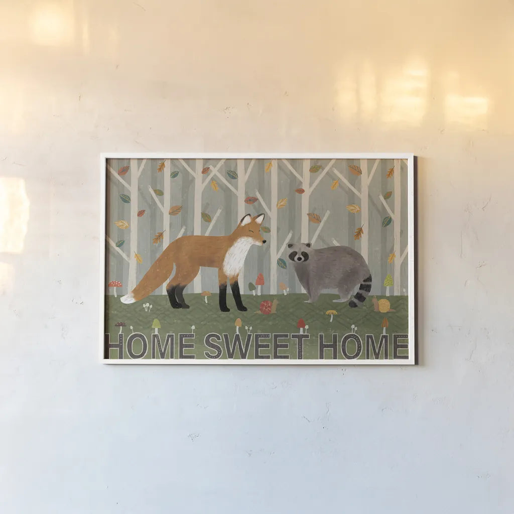 Woodland Joy I by Veronique Charron. shown as a paper print in a white frame. Available as a archival giclee rolled canvas, fine art paper, or poster print. SKU 76958i.