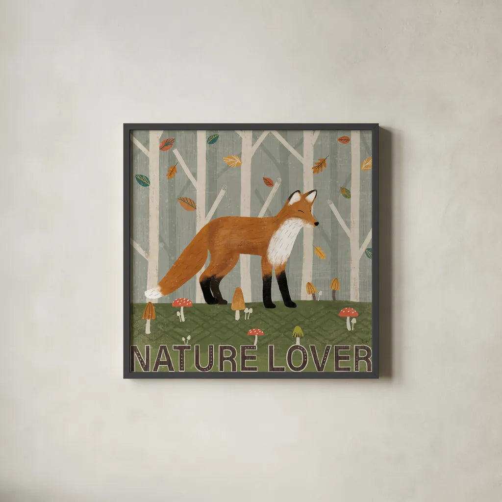 Woodland Joy II by Veronique Charron. Shown in a sleek black glass frame for a contemporary gallery look. Available as an archival giclee rolled canvas, fine art paper, or poster print. SKU 76959a.