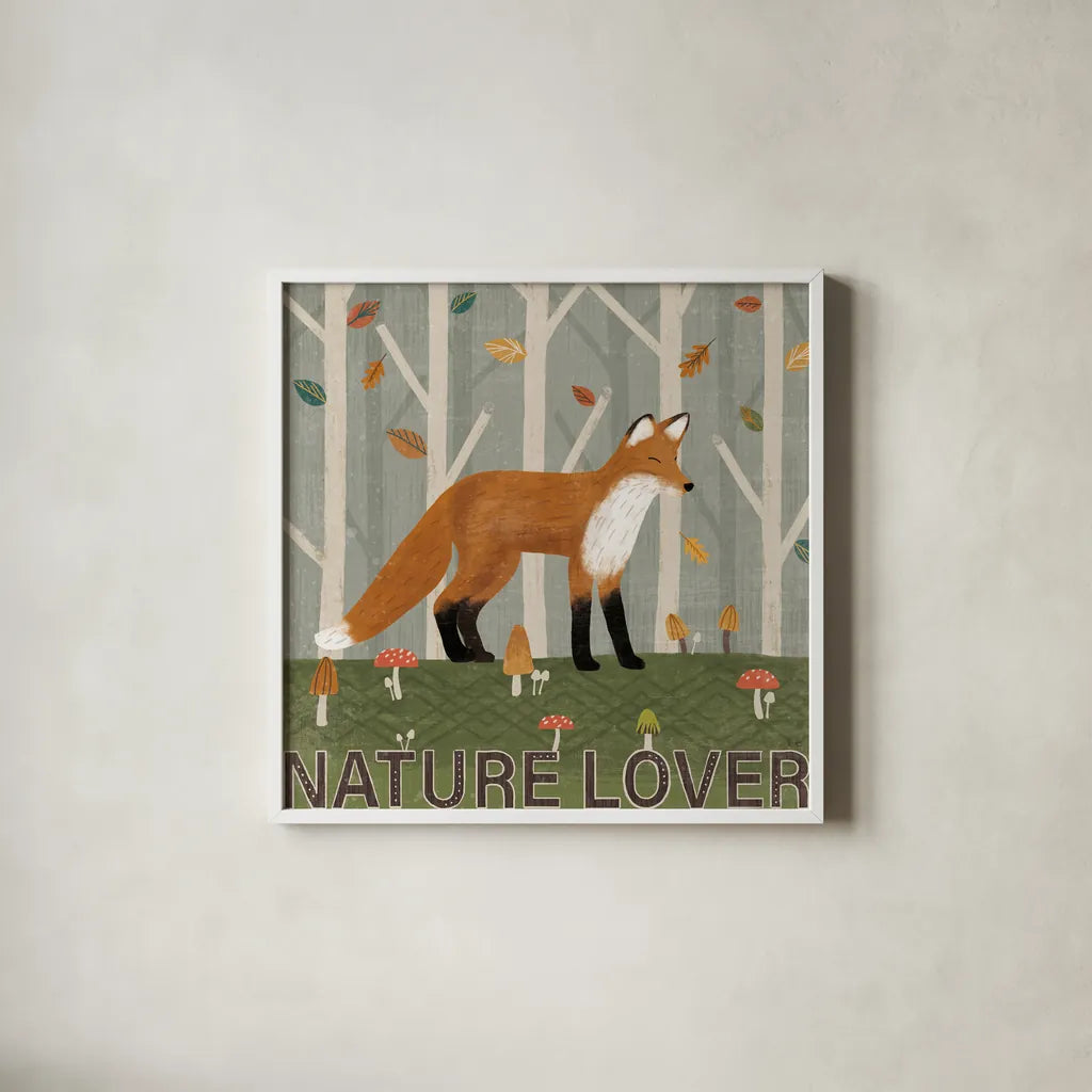 Woodland Joy II by Veronique Charron. Shown in a crisp white glass frame for a clean and minimalist style. Available as an archival giclee rolled canvas, fine art paper, or poster print. SKU 76959a.