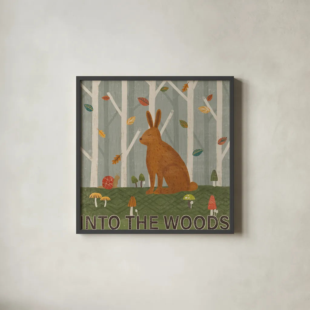 Woodland Joy III by Veronique Charron. Shown in a sleek black glass frame for a contemporary gallery look. Available as an archival giclee rolled canvas, fine art paper, or poster print. SKU 76960a.