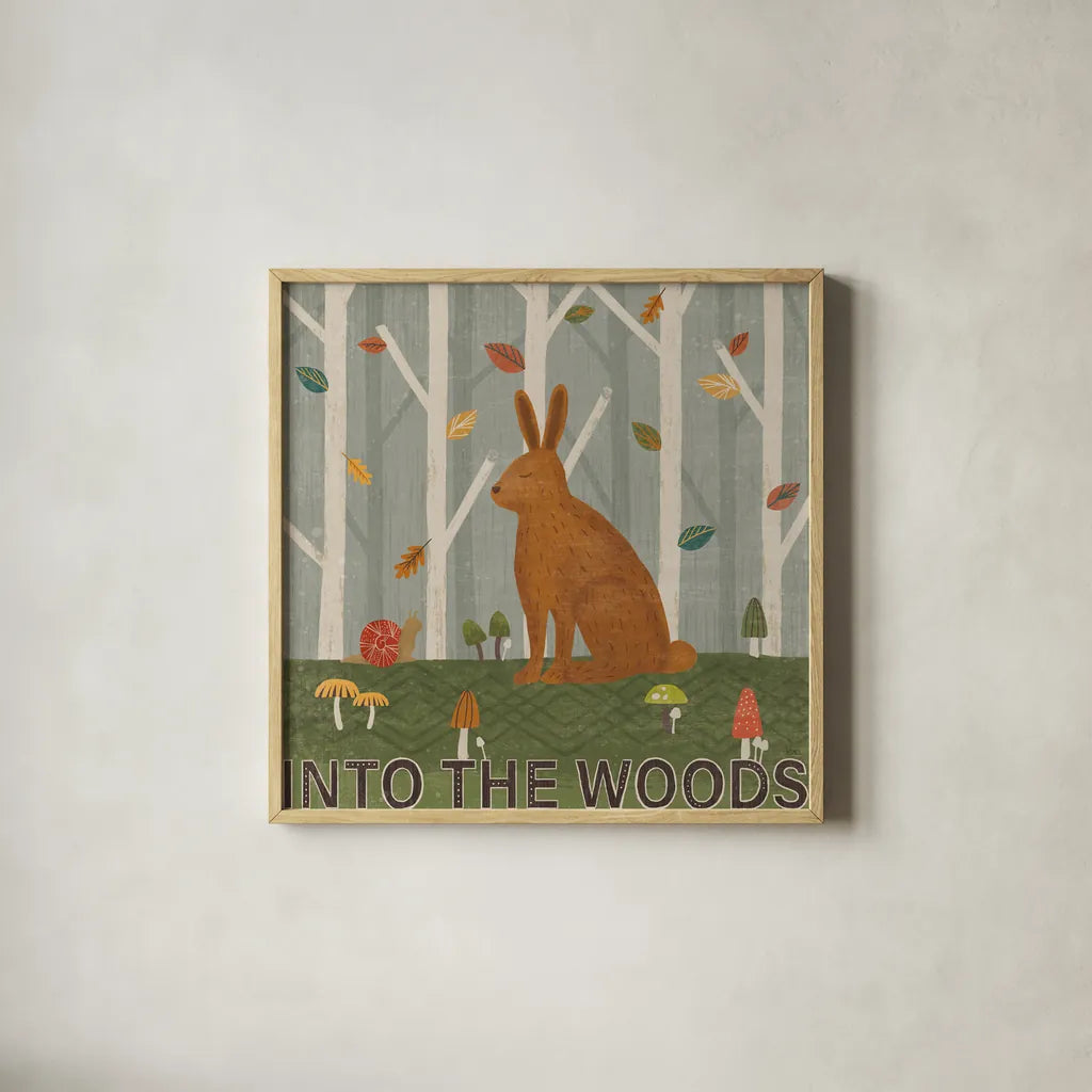 Woodland Joy III by Veronique Charron. Shown in a natural wood glass frame for a timeless modern aesthetic. Available as an archival giclee rolled canvas, fine art paper, or poster print. SKU 76960a.