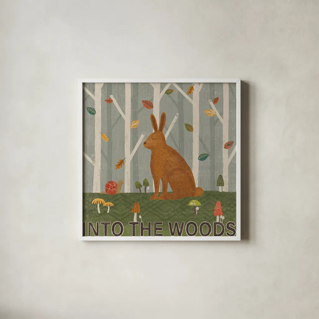 Woodland Joy III by Veronique Charron. Shown in a crisp white glass frame for a clean and minimalist style. Available as an archival giclee rolled canvas, fine art paper, or poster print. SKU 76960a.