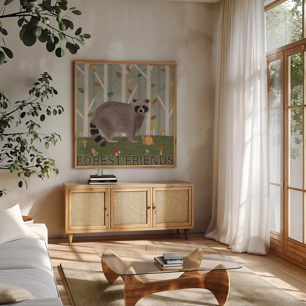 Woodland Joy IV by Veronique Charron. Shown in a natural wood frame in a cozy modern living room. Available as an archival giclee rolled canvas, fine art paper, or poster print. SKU 76961a.