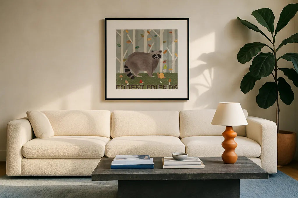 Woodland Joy IV by Veronique Charron. Displayed in a glass frame with matte in a clean modern living room. Available as an archival giclee rolled canvas, fine art paper, or poster print. SKU 76961a.
