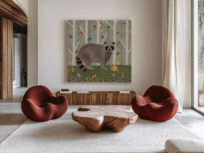 Woodland Joy IV by Veronique Charron. Shown as extra-large giant wall art in a modern living room. Available as an archival giclee rolled canvas, fine art paper, or poster print. SKU 76961a.