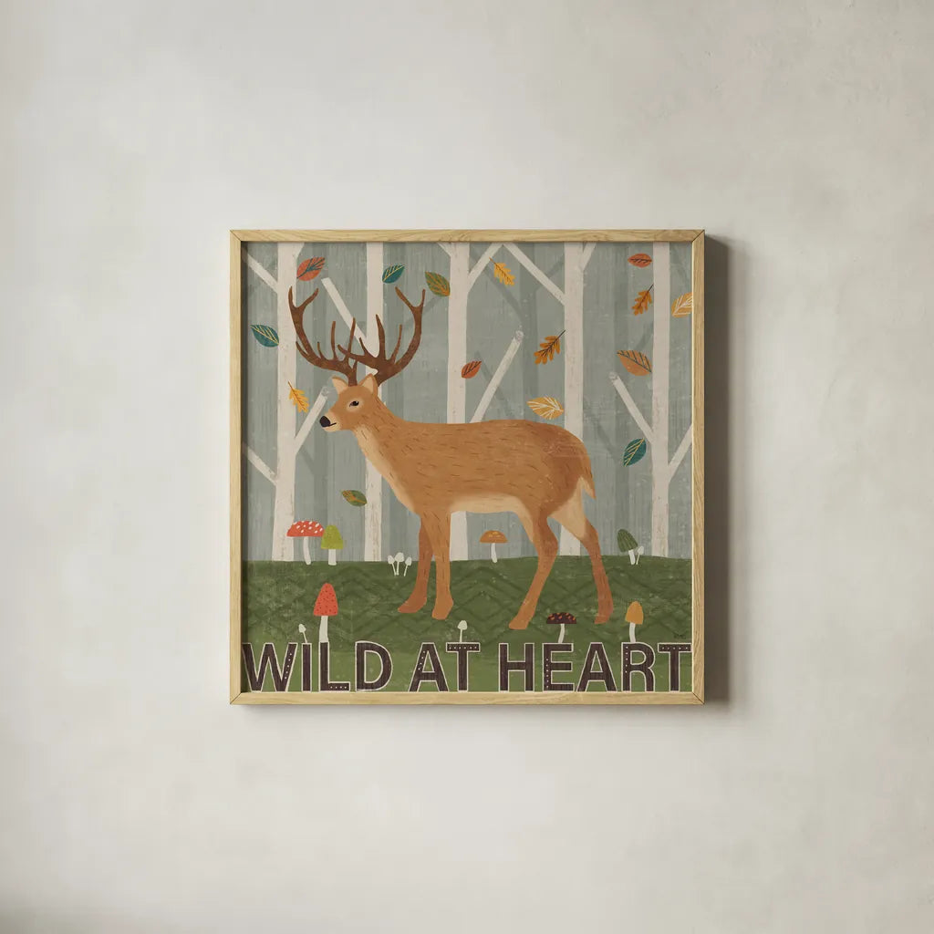 Woodland Joy V by Veronique Charron. Shown in a natural wood glass frame for a timeless modern aesthetic. Available as an archival giclee rolled canvas, fine art paper, or poster print. SKU 76962a.