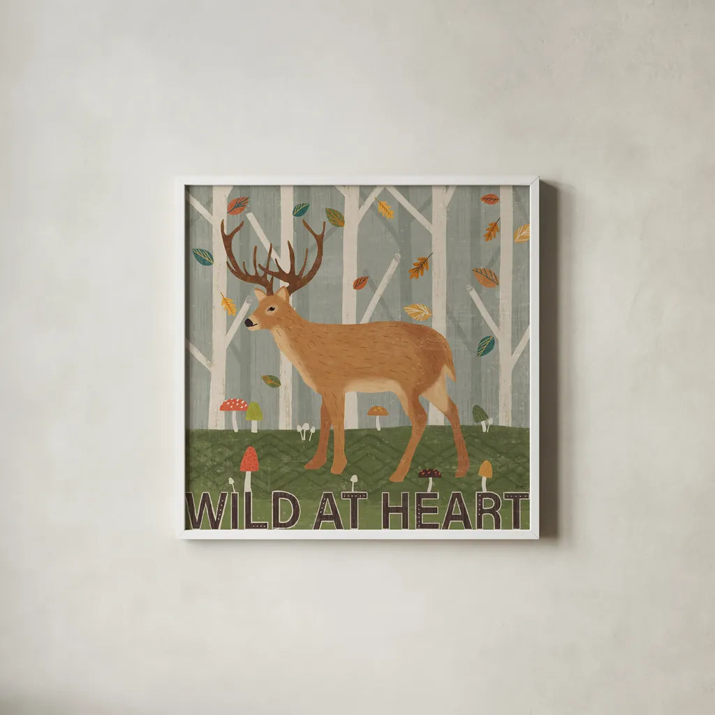 Woodland Joy V by Veronique Charron. Shown in a crisp white glass frame for a clean and minimalist style. Available as an archival giclee rolled canvas, fine art paper, or poster print. SKU 76962a.