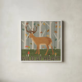 Woodland Joy V by Veronique Charron. Shown in a crisp white glass frame for a clean and minimalist style. Available as an archival giclee rolled canvas, fine art paper, or poster print. SKU 76962a.
