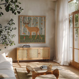 Woodland Joy V by Veronique Charron. Shown in a natural wood frame in a cozy modern living room. Available as an archival giclee rolled canvas, fine art paper, or poster print. SKU 76962a.