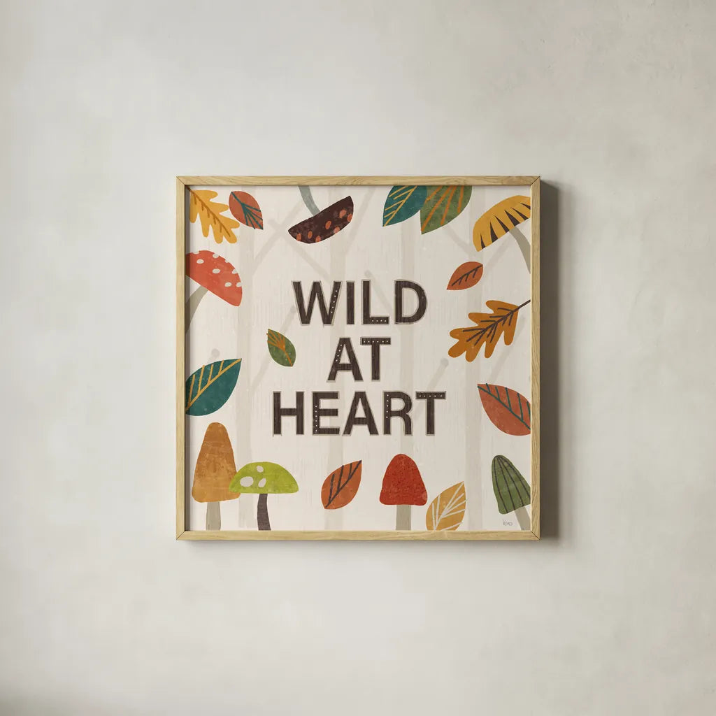 Woodland Joy VI by Veronique Charron. Shown in a natural wood glass frame for a timeless modern aesthetic. Available as an archival giclee rolled canvas, fine art paper, or poster print. SKU 76963a.