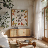 Woodland Joy VI by Veronique Charron. Shown in a natural wood frame in a cozy modern living room. Available as an archival giclee rolled canvas, fine art paper, or poster print. SKU 76963a.