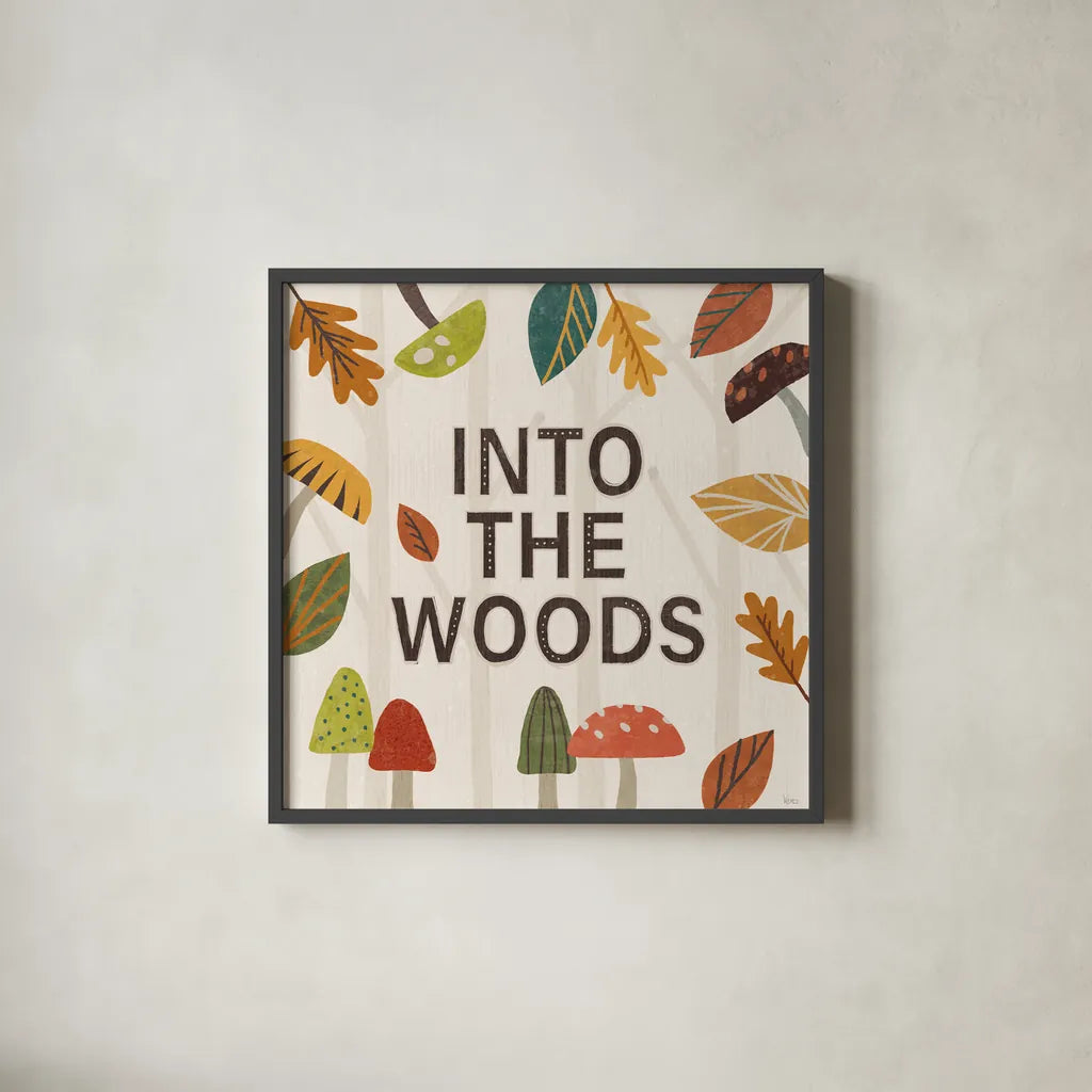 Woodland Joy VII by Veronique Charron. Shown in a sleek black glass frame for a contemporary gallery look. Available as an archival giclee rolled canvas, fine art paper, or poster print. SKU 76964a.